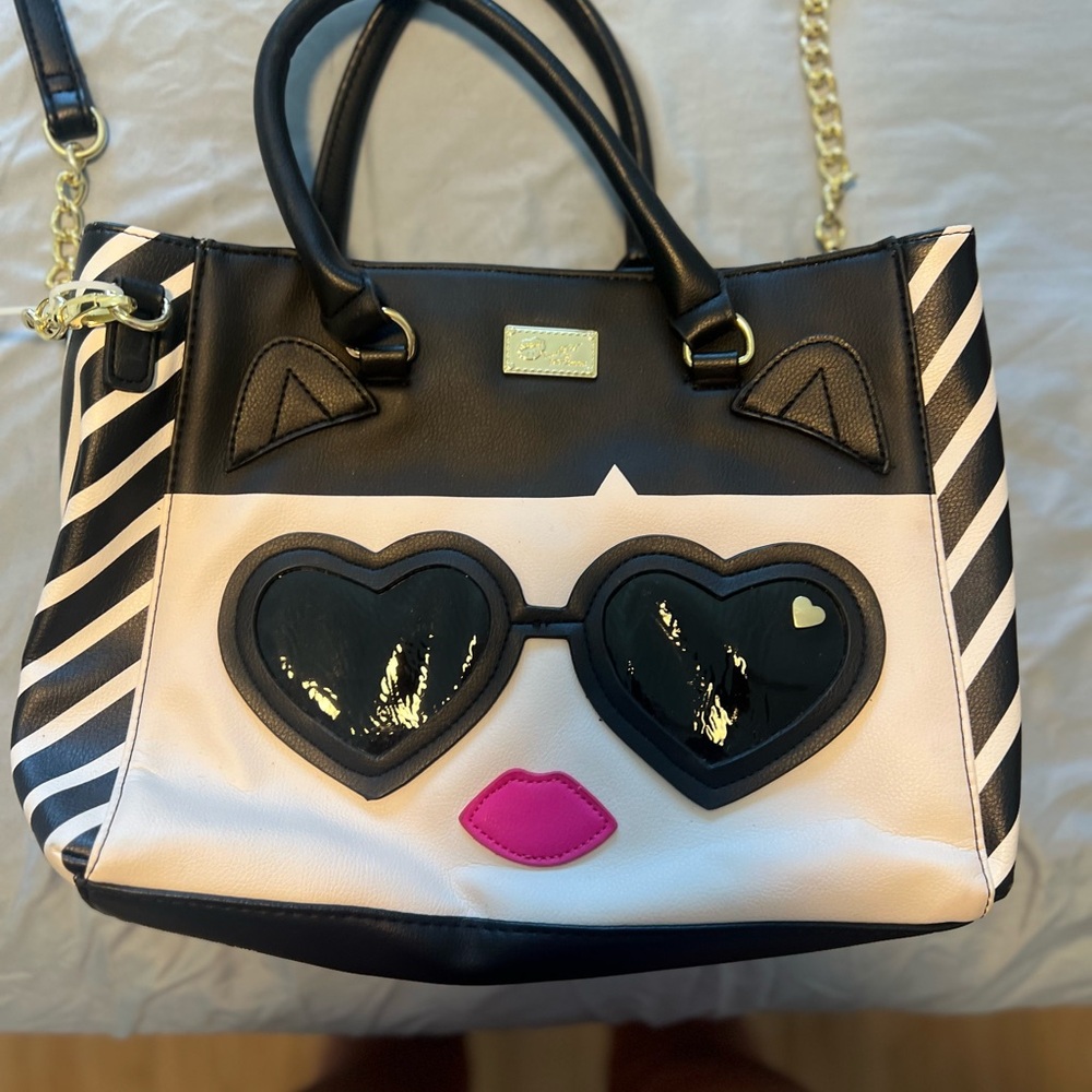 Betsey Johnson Black and White Tote with Heart Sunglasses Design